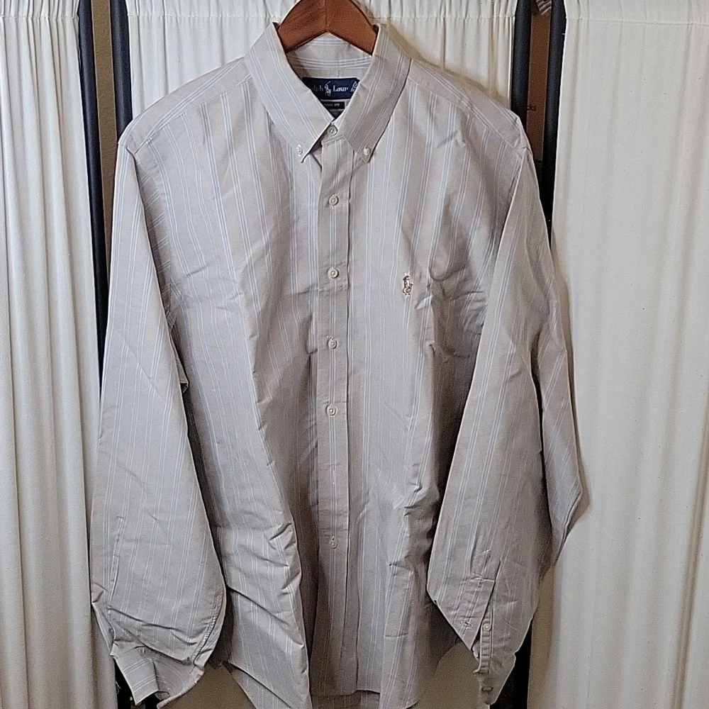 Polo Ralph Lauren Classic Fit Button‎ Down L/S Cream/Lt. Blue Shirt, 17-6/7
